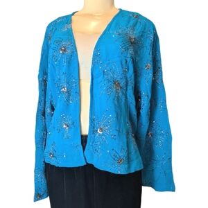 Chico's Blue Sequin Starburst Floral Rayon Crepe Lined Open Front Top 2 Vintage